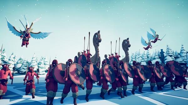 Screenshot from Totally Accurate Battle Simulator showing Viking warriors and winged figures preparing for battle in a snowy landscape.