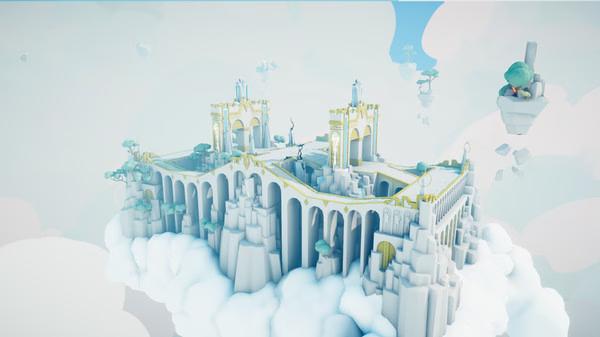Totally Accurate Battle Simulator screenshot showing a floating castle with arches, trees, and clouds in a bright, whimsical setting.