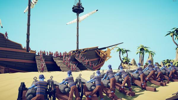 Screenshot from Totally Accurate Battle Simulator showing blue soldiers armed with crossbows approaching a pirate ship on a sandy beach.
