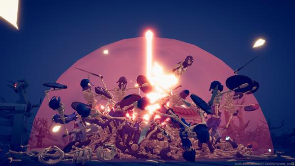 Screenshot from Totally Accurate Battle Simulator showing a chaotic battle with skeleton warriors clashing under glowing lights.