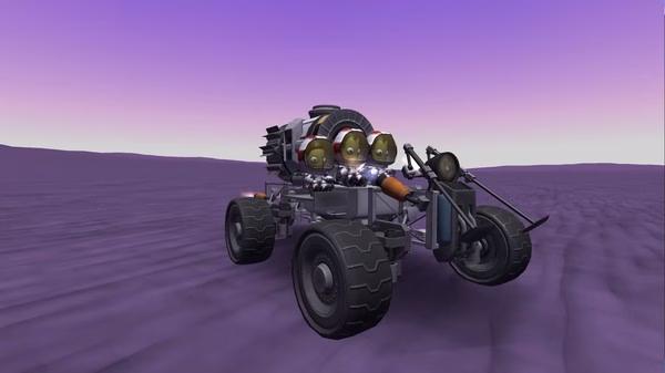 Kerbal Space Program screenshot: Three Kerbals ride a rover on a purple alien landscape under a gradient sky.