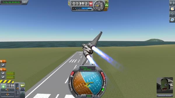 Kerbal Space Program screenshot: A spacecraft launches from a runway, engines blazing, with ocean and land in the background.