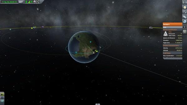 Screenshot from Kerbal Space Program showing a spacecraft orbiting a planet with visible trajectory paths and mission details.