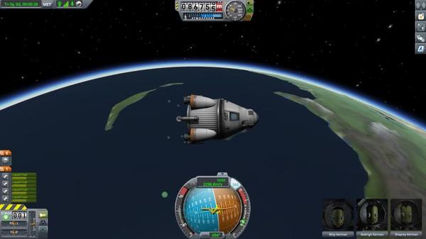 Screenshot of Kerbal Space Program showing a spacecraft orbiting above a planet, with control panels and crew portraits visible.