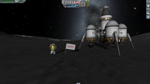 Kerbal Space Program screenshot: A Kerbal astronaut stands beside a spacecraft and planted flag on a gray lunar surface under a starry sky.