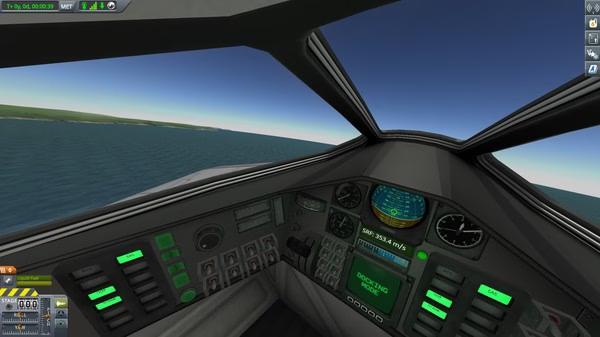 Kerbal Space Program screenshot showing a cockpit view with instruments, controls, and a scenic ocean visible through the windshield.