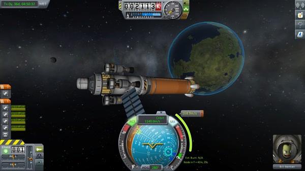 Kerbal Space Program screenshot showing a spacecraft in orbit around a green planet, with navigation controls displayed.