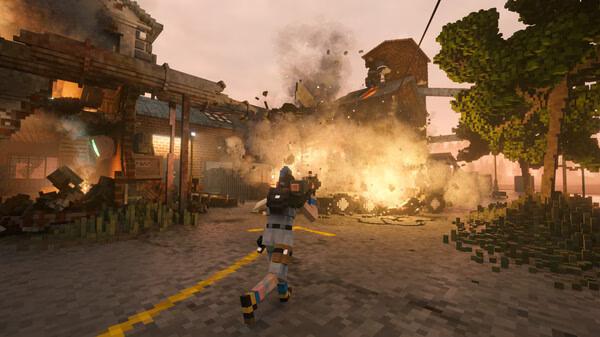 Teardown screenshot: A character runs toward a fiery explosion in a destructible pixelated environment with buildings and trees.