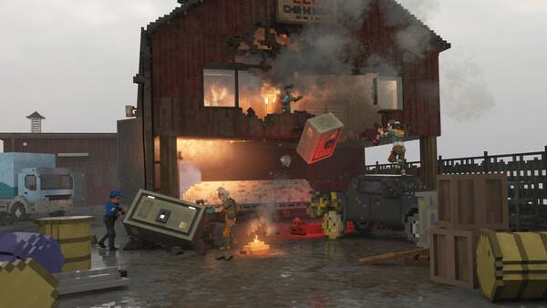 Screenshot from 'Teardown' showing a chaotic scene with a burning building, debris, and characters in action.