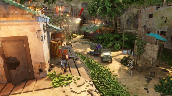 Teardown screenshot: A chaotic scene in a tropical area with destructible buildings, vehicles, and explosions amid lush greenery.