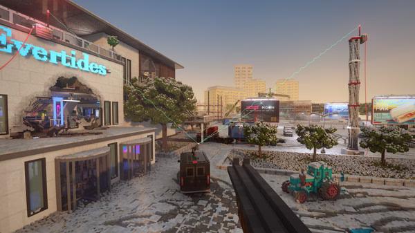 Teardown screenshot: A city scene with buildings, vehicles, and machinery visible, including a damaged structure and neon signs.