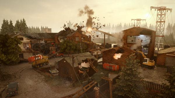 Teardown screenshot: A detailed industrial area with buildings exploding, debris flying, and vehicles scattered across the scene.