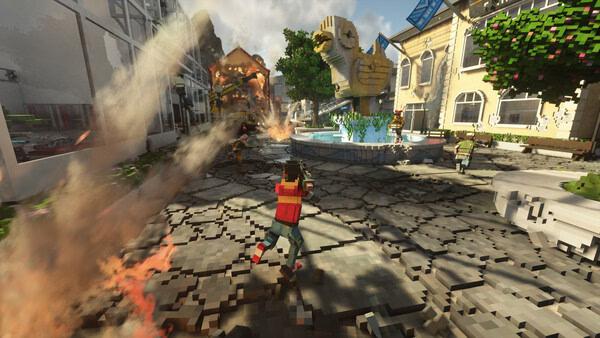 Teardown screenshot: A character runs on cracked pavement near a fountain, with surrounding buildings and explosions visible.