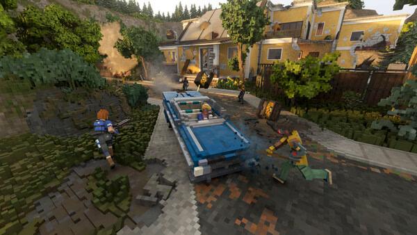 Teardown screenshot: Players in a chaotic scene with a blue car crashing through debris near damaged buildings and scattered objects.