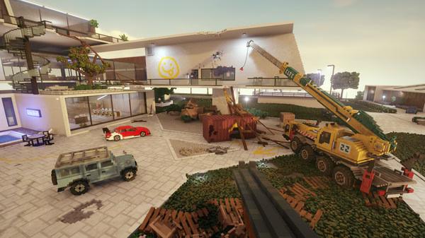Screenshot from Teardown showing a construction site with a crane lifting a container, surrounded by vehicles and modern buildings.