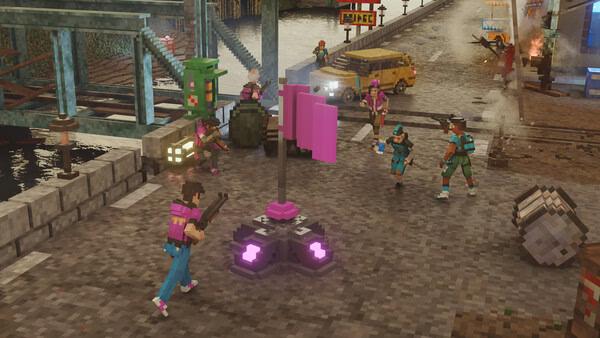 Screenshot from Teardown showing characters in action near a bridge and a pink flag, with a yellow van in the background.