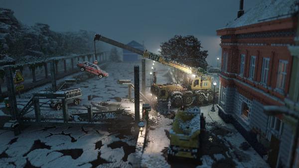 A Teardown screenshot shows a crane lifting a red car near a snowy street, with buildings and vehicles in the background.