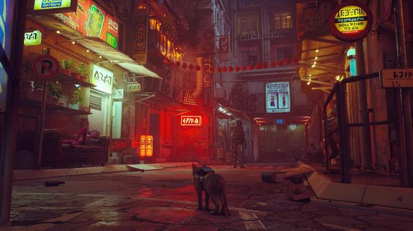 A screenshot from the game Stray showing a cat exploring a neon-lit alley filled with colorful signs and urban details.