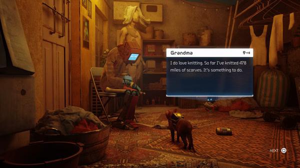 A screenshot from 'Stray' shows a cat standing near a character named Grandma, who is sitting and knitting in a cozy room.