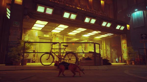 A screenshot from Stray showing a backpack-wearing cat walking past a neon-lit building with a bicycle and potted plants in view.