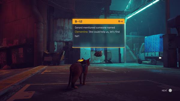 Cat in a futuristic alley in the game 'Stray', reading a dialogue box about Clementine. Screenshot shows a dimly-lit urban scene.
