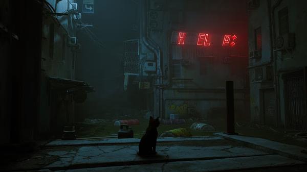 A screenshot from Stray shows a lone cat facing a dimly lit alley with a red neon "HELP" sign glowing in the background.