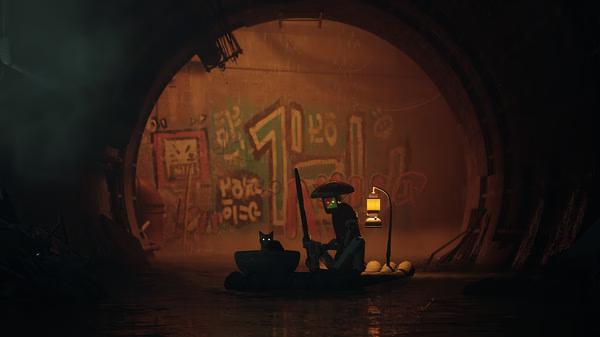 A 'Stray' screenshot showing a cat and a robot on a boat in a dark tunnel with colorful graffiti on the walls.