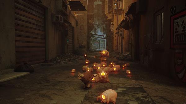 Screenshot from Stray: A cat navigates a dim, narrow alley surrounded by glowing, alien-like creatures.