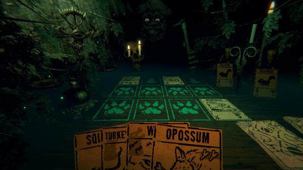 Screenshot from Inscryption showing a card game in progress. Cards with animal drawings are visible on a wooden table.