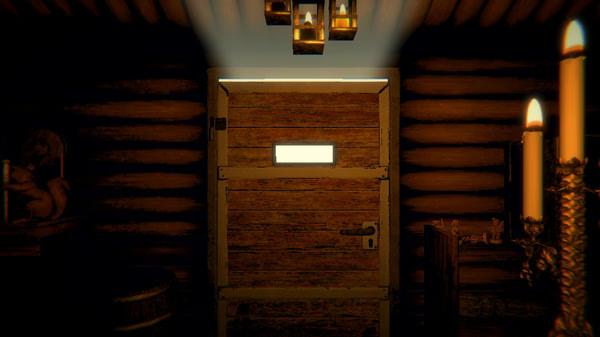 Screenshot from Inscryption showing a dimly lit wooden door inside a cabin, flanked by candles on the right.