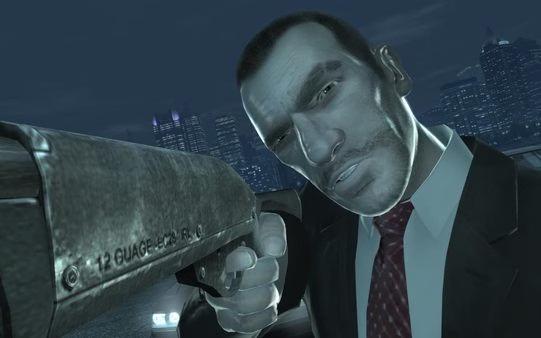 Grand Theft Auto IV screenshot: A suited character aims a shotgun at night, with a city skyline in the background.