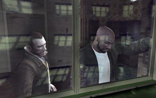 Grand Theft Auto IV screenshot: Two characters inside a dimly lit room, seen through a glass window with reflections.