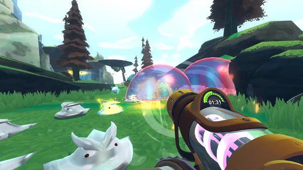 Slime Rancher screenshot: A player uses a Vacpack to interact with colorful slimes and resources in a grassy, scenic environment.
