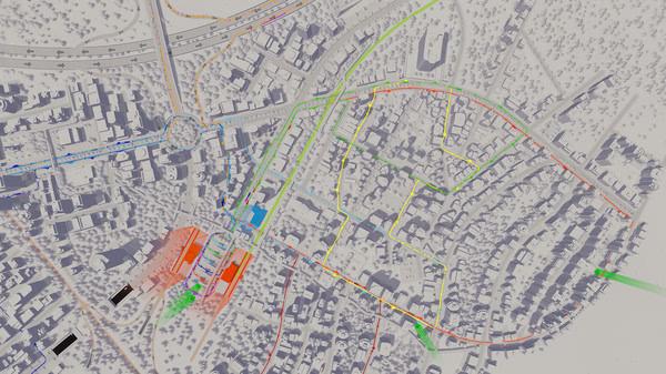 Cities: Skylines screenshot showing a detailed overhead view of a city with highlighted traffic flow on various roads.