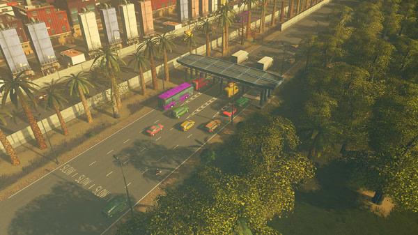 Cities: Skylines screenshot showing a busy roadway with cars, palm trees, and buildings in a sunny urban environment.