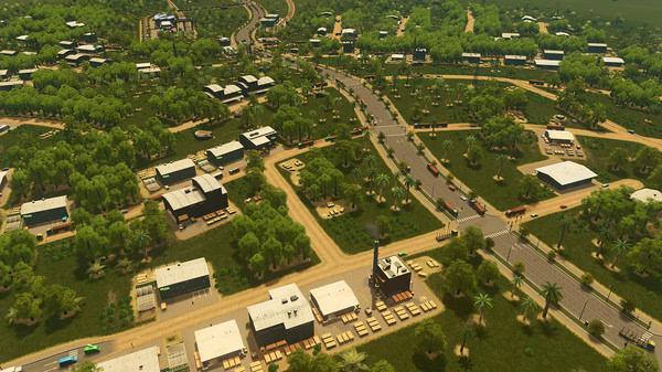 A screenshot from Cities: Skylines showing a suburban area with roads, houses, trees, and vehicles under a sunny sky.