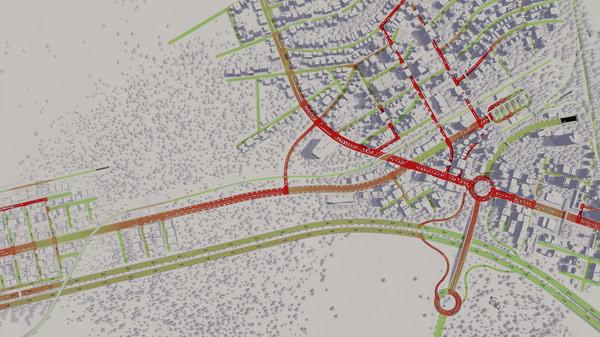 Cities: Skylines screenshot showing a city map with highlighted roads in red, orange, and green, indicating traffic flow.