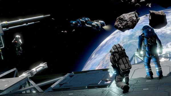 Screenshot from Space Engineers showing astronauts on a space station with asteroids and Earth visible in the background.