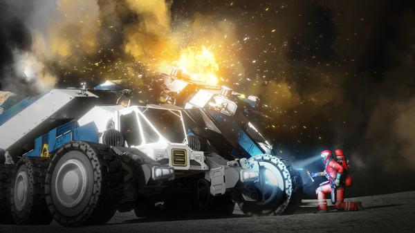 A Space Engineers screenshot shows a large wheeled vehicle with a fiery explosion behind it as a character in a red suit examines the scene.