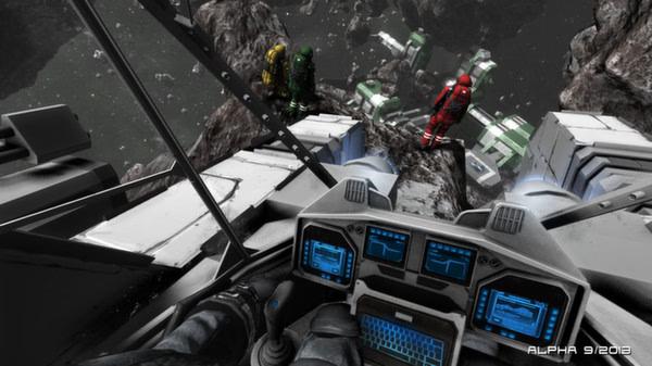 Space Engineers screenshot: A cockpit view of a spaceship near asteroids, with three astronauts standing on a rocky surface.