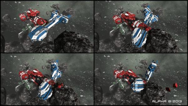 Screenshot from Space Engineers showing a red and blue spacecraft navigating through an asteroid field in space.