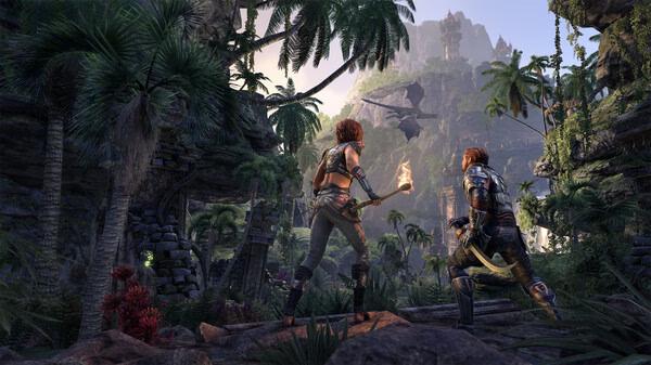 Screenshot from The Elder Scrolls Online: Two adventurers in a lush jungle, one holding a torch, with a dragon flying above.