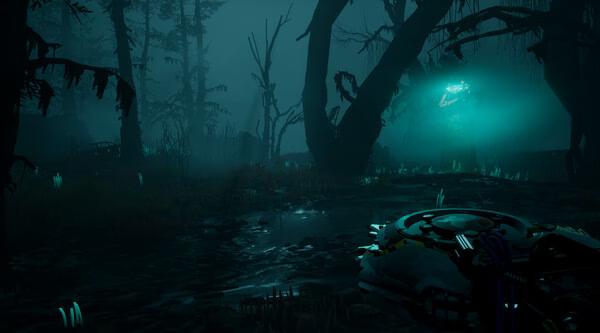 Screenshot from Pacific Drive showing a mysterious, foggy forest with glowing blue light and eerie twisted trees.