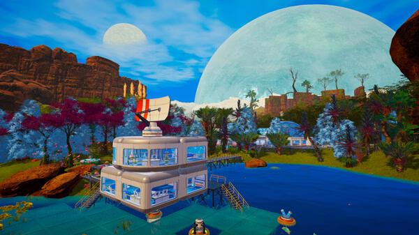 Screenshot from The Planet Crafter showing a base with a satellite dish, surrounded by colorful vegetation and a large planet in the sky.