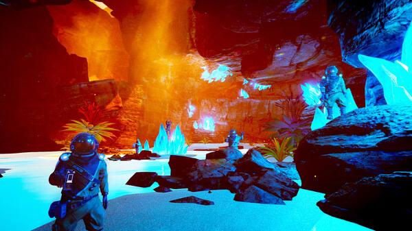 Screenshot from The Planet Crafter showing players exploring a vibrant cave with glowing crystals, plants, and illuminated rock formations.