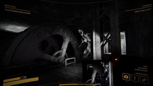 Screenshot from the game Content Warning showing a shadowy figure in a dark, industrial setting with camera HUD elements.