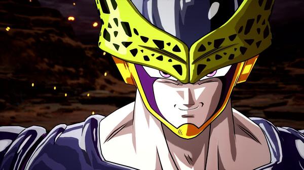 Screenshot from DRAGON BALL: Sparking! ZERO showing Cell in his perfect form standing in a fiery battlefield at night.
