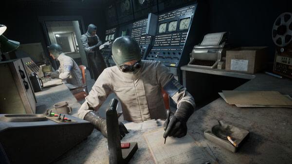 Screenshot from The Outlast Trials showing a person in a helmet and hazmat suit writing at a desk in a control room.