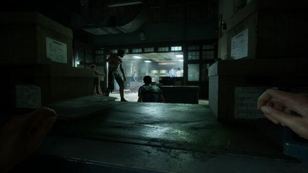 Screenshot from The Outlast Trials showing a tense room with characters, boxes, and dim lighting, capturing the game's eerie atmosphere.