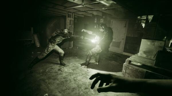 Screenshot from The Outlast Trials showing two figures in combat wearing night vision goggles in a dark, eerie room.